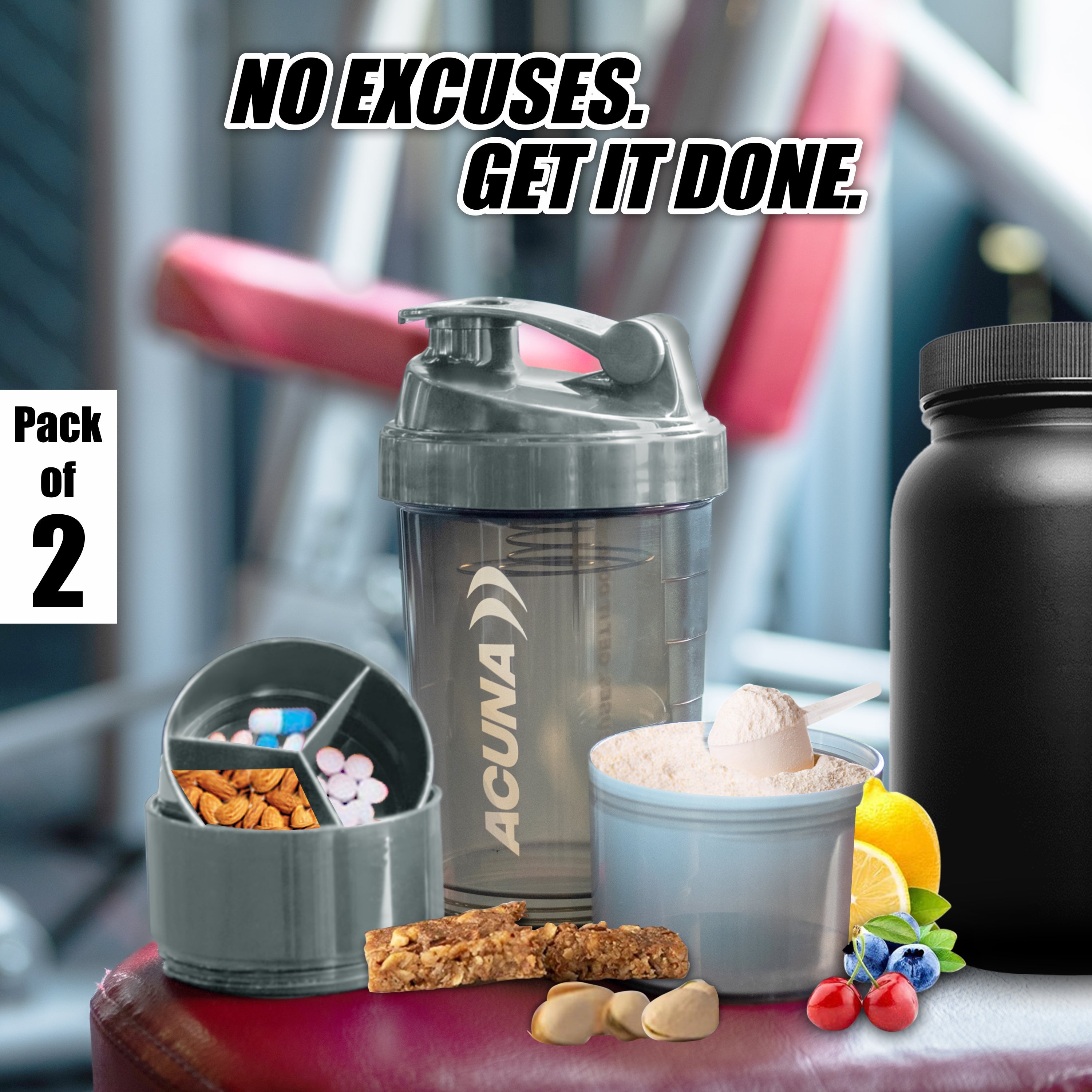 Acuna shaker bottle with protein powder and compartments for supplements, designed for fitness enthusiasts on the go.