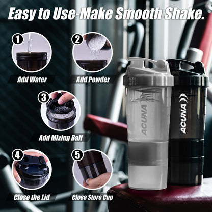 Acuna shaker bottles in black and grey with a 5-step guide for making smooth shakes, featuring 3-layer storage.