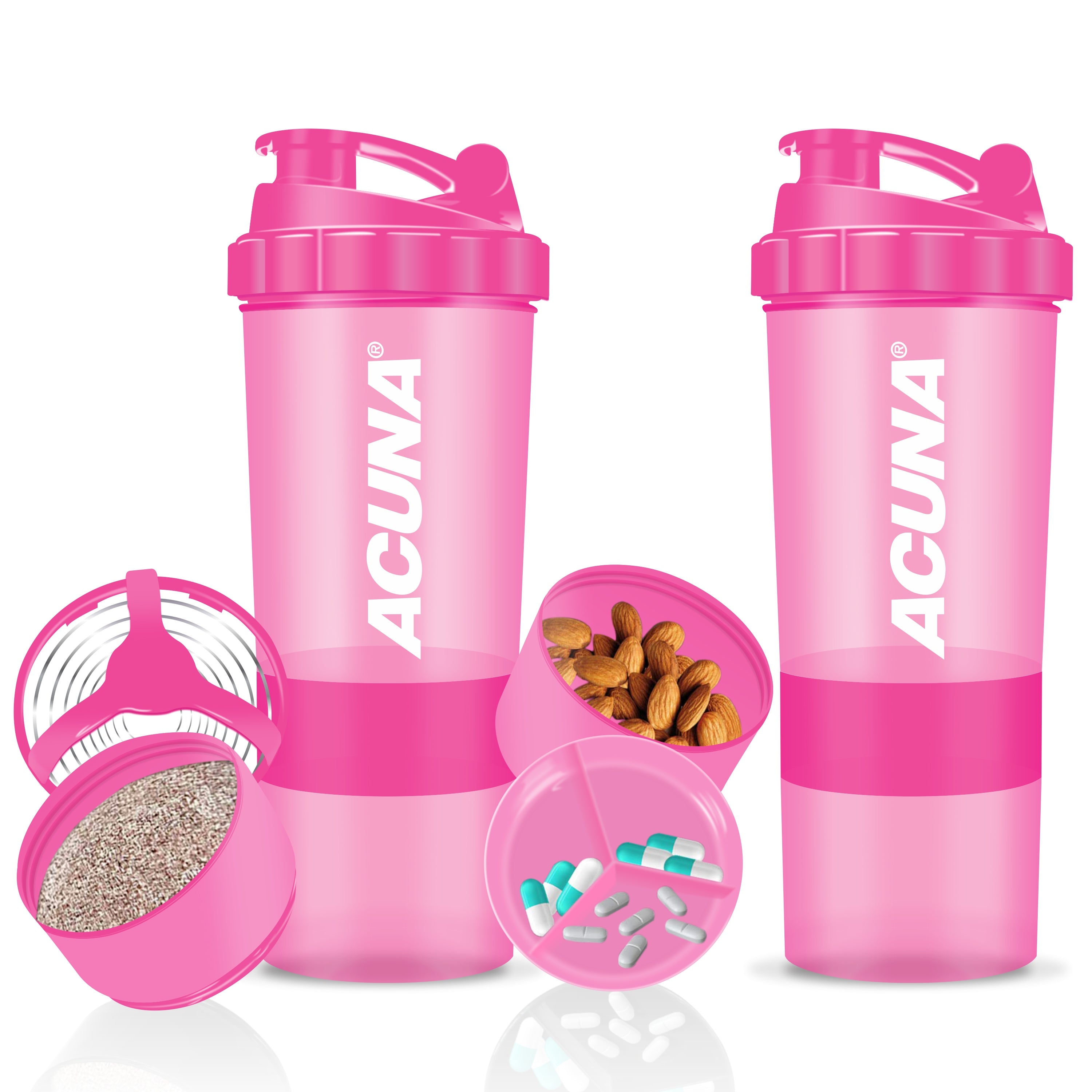 Two pink shaker bottles with supplements, highlighting the Acuna Power Compartment Shaker's design.