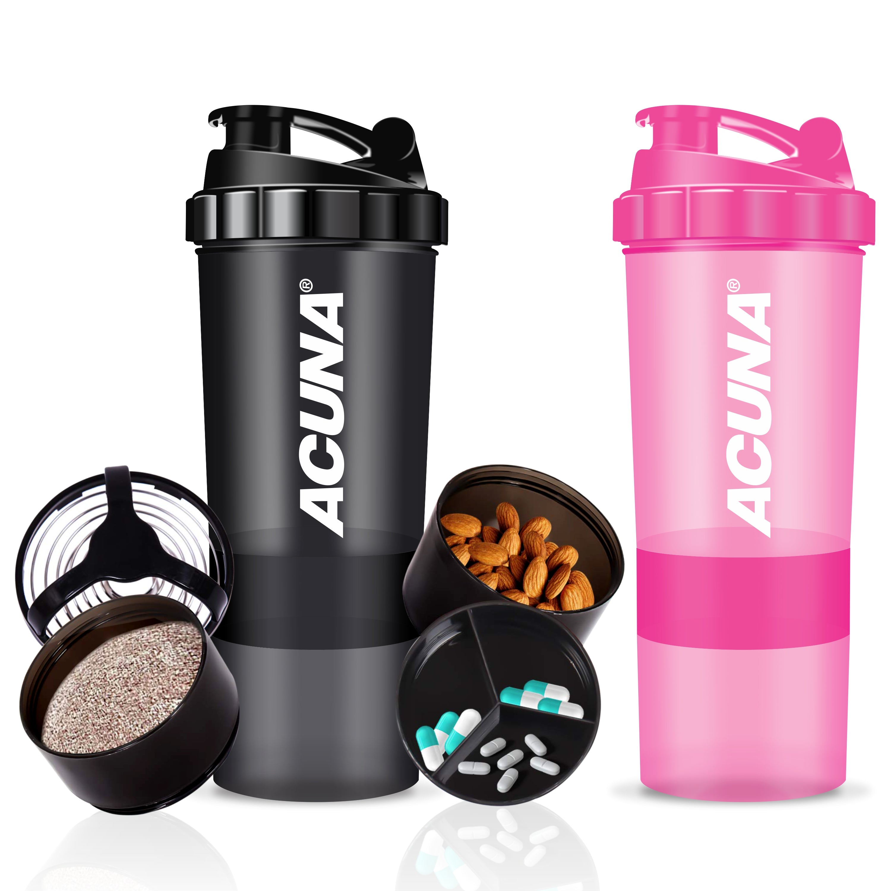 Image of two-compartment shaker bottles containing pills and nuts, highlighting the Acuna "Power" branding for active lifestyles.