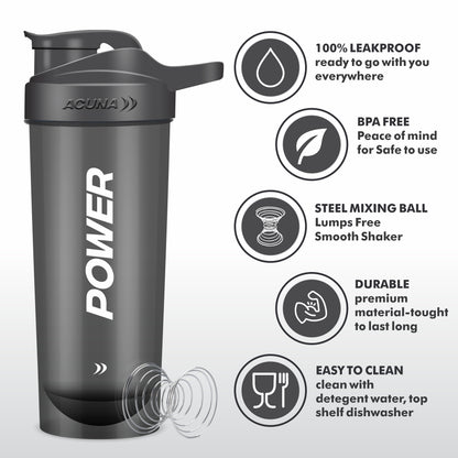 Acuna Fitness Power shaker bottle with steel mixing ball, leakproof design, BPA-free material, and easy-to-clean features