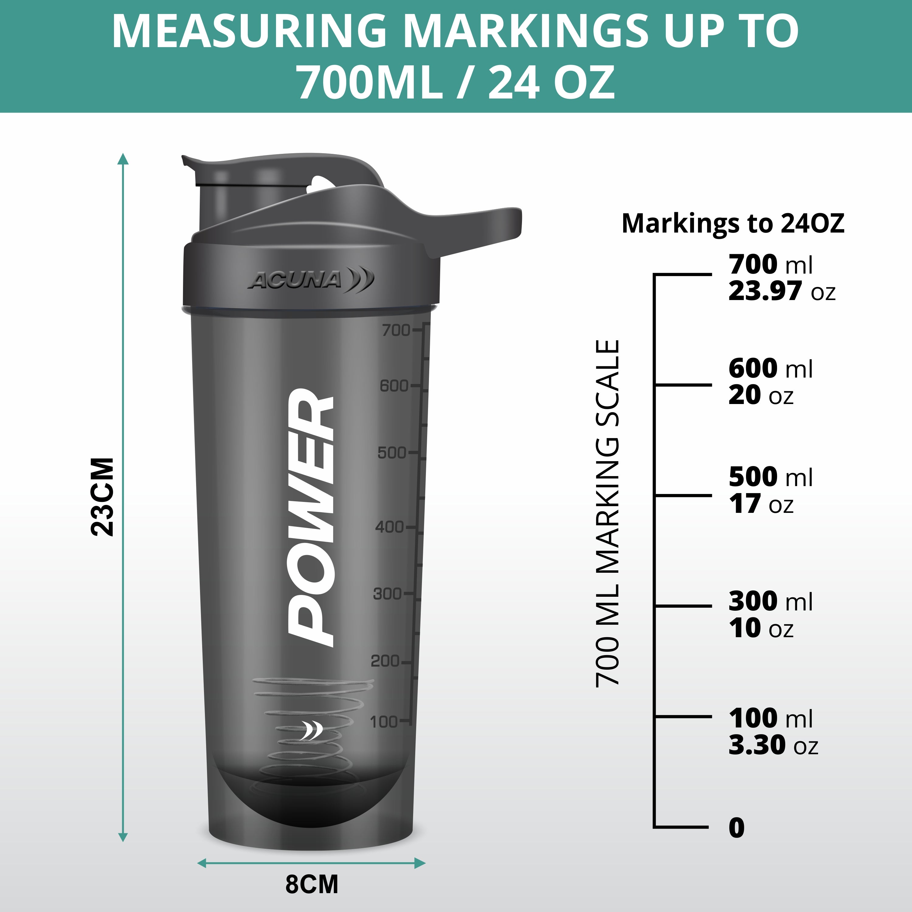 Acuna Fitness Power shaker bottle with 700ml/24oz capacity, clear measurement markings, and ergonomic black design