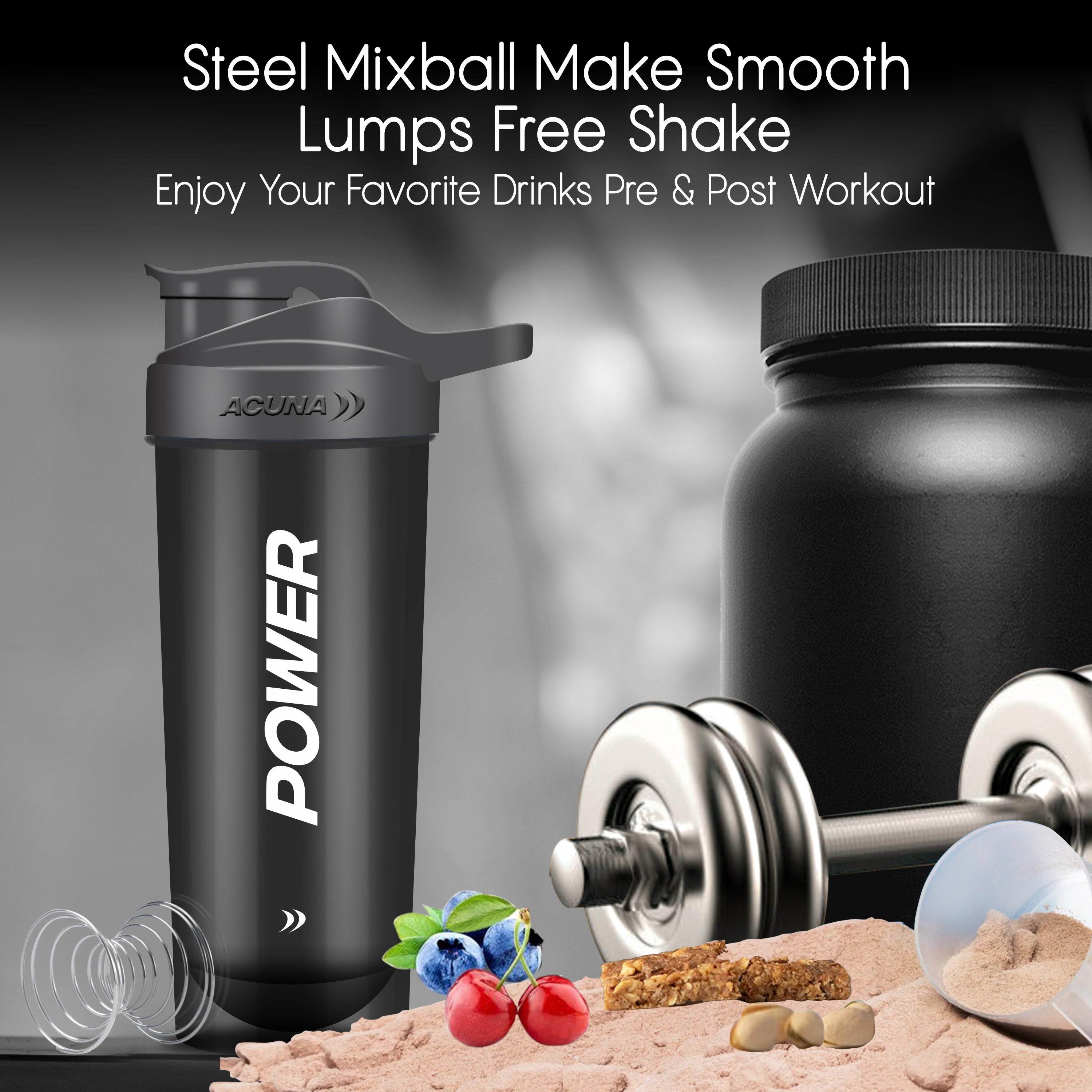 Acuna Fitness Power shaker bottle with steel mixball for smooth, lump-free shakes, ideal for pre and post-workout drinks