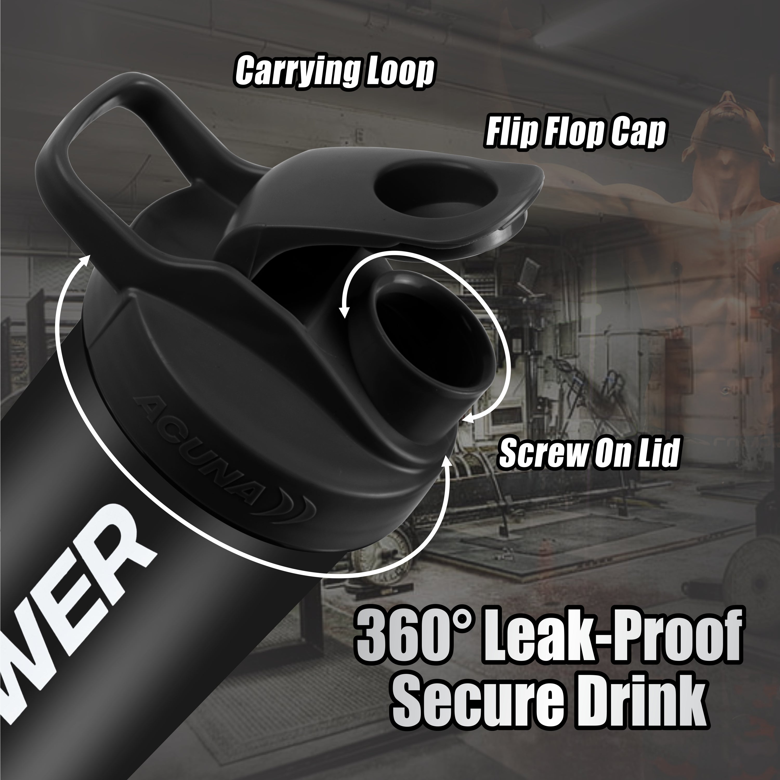 Acuna Fitness Power shaker bottle with 360° leak-proof lid, flip-top cap, screw-on design, and convenient carrying loop