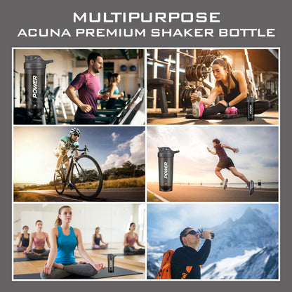 Acuna Fitness multipurpose shaker bottle for gym, yoga, running, cycling, hiking, and active lifestyle hydration needs.