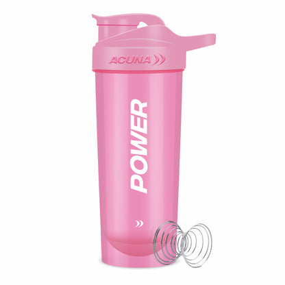 A pink shaker bottle labeled "Power," designed for fitness enthusiasts, featuring a secure leak-proof lid.