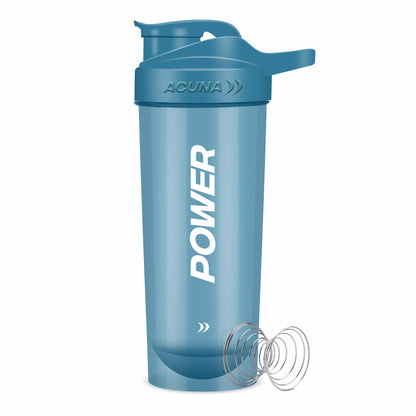 Blender power shaker bottle with a blue lid, designed for fitness enthusiasts, made from BPA-free materials for safety.