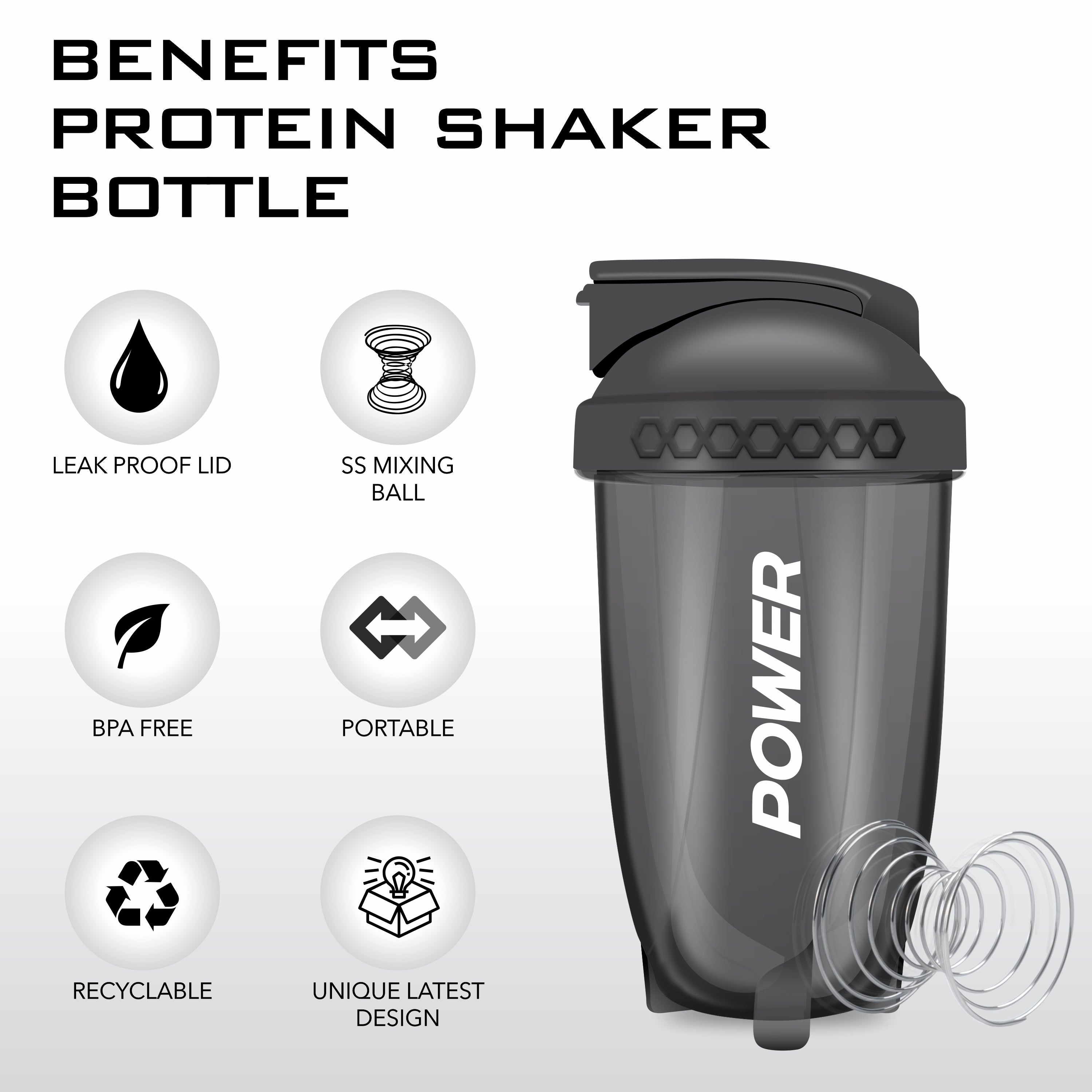 Benefits of Acuna Power protein shaker bottle with leak-proof lid, SS mixing ball, BPA-free material, and unique design.