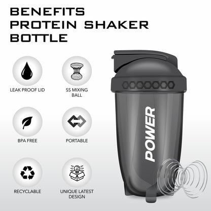 Benefits of Acuna Power protein shaker bottle with leak-proof lid, SS mixing ball, BPA-free material, and unique design.