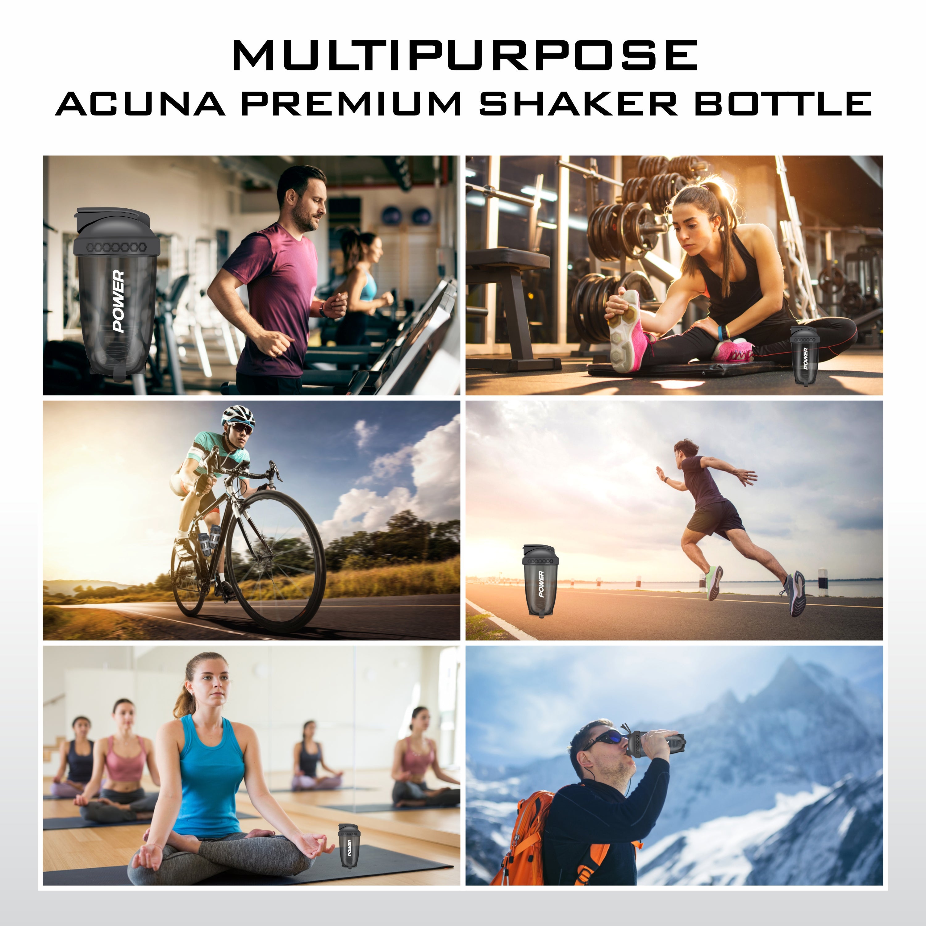 Multipurpose Acuna Premium Shaker Bottle for gym, cycling, running, yoga, and outdoor adventures with a leak-proof design.