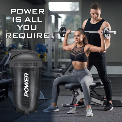 Fitness woman lifting barbell with trainer support, featuring Acuna Power Shaker Bottle 400ml for protein shakes and hydration.