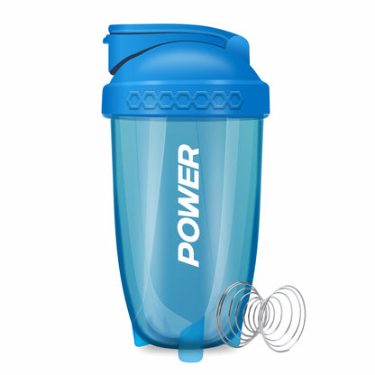 Blue Acuna Power Shaker Bottle with stainless steel mixing ball, ideal for protein shakes, smoothies, and fitness drinks.