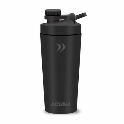 Acuna black shaker bottle displayed against a white backdrop, highlighting its durable stainless steel construction and stylish appearance.