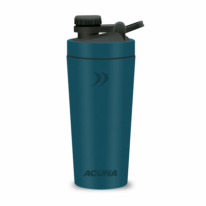 Blue Acuna shaker bottle with a black lid, designed for durability and style, perfect for mixing protein shakes on the go.