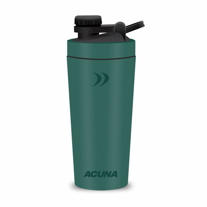 A green Acuna shaker bottle featuring a sleek black lid, ideal for mixing beverages and protein shakes.