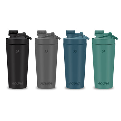 A collection of Acuna stainless steel shaker bottles in four colors: Black, Blue, Grey, and Green, showcasing their sleek design.