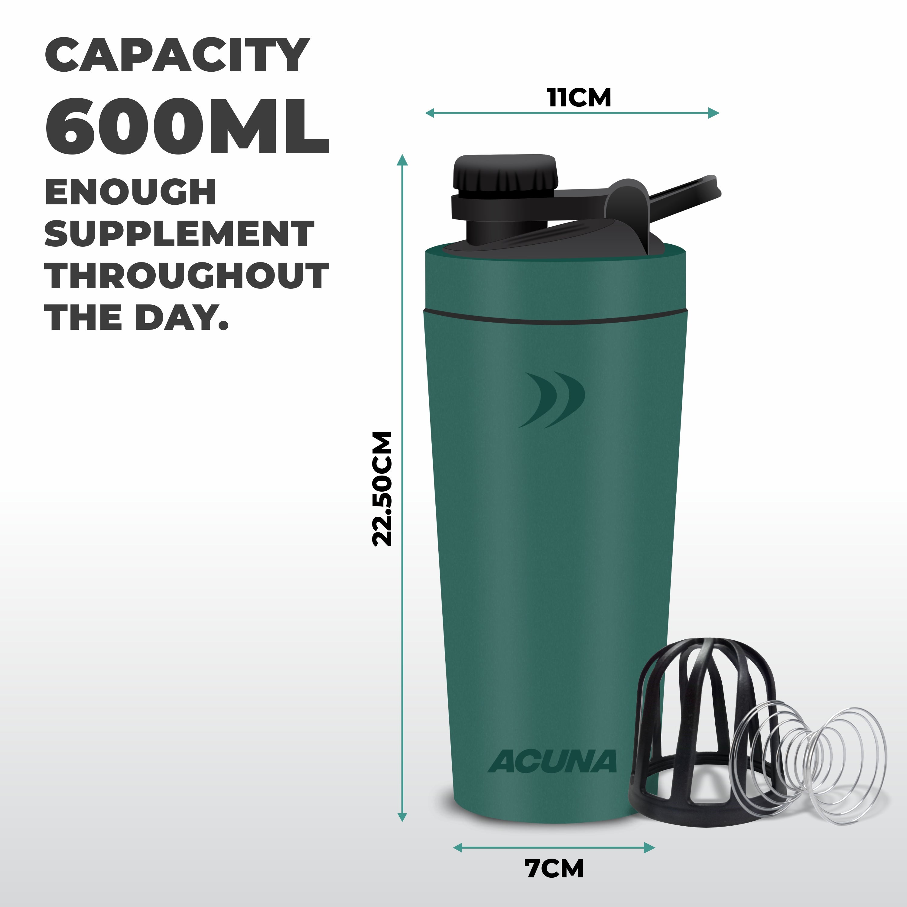 The Acuna Stainless Steel Shaker Bottle is displayed, emphasizing its 600ML capacity, perfect for mixing protein shakes and hydration.