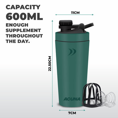 The Acuna Stainless Steel Shaker Bottle is displayed, emphasizing its 600ML capacity, perfect for mixing protein shakes and hydration.