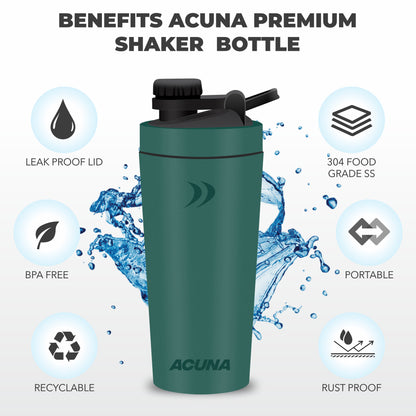 The Acuna stainless steel shaker bottle, with a 600ML capacity and spill-proof lid, is designed for fitness enthusiasts and comes in stylish colors