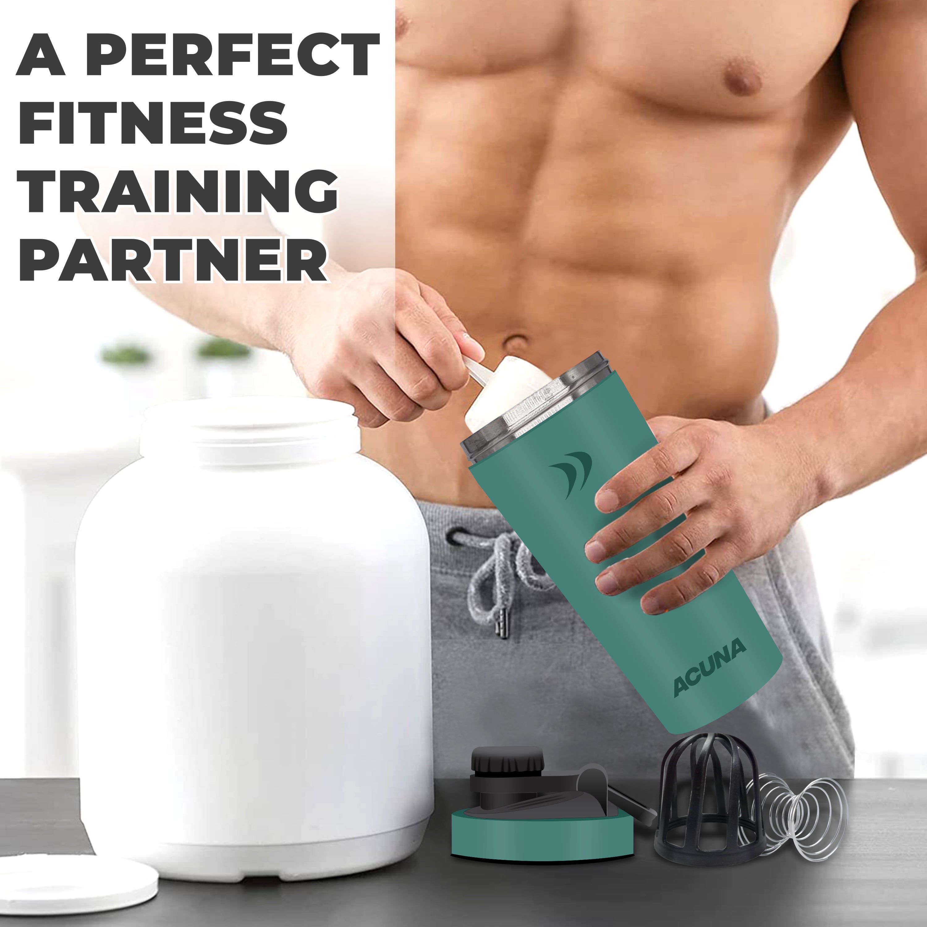 A man holds a bottle of protein powder, showcasing the Acuna Stainless Steel Shaker Bottle for fitness enthusiasts.