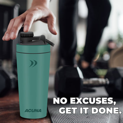 Visual of a durable stainless steel shaker bottle with the slogan "No excuses, get it done," inspiring commitment to fitness goals.