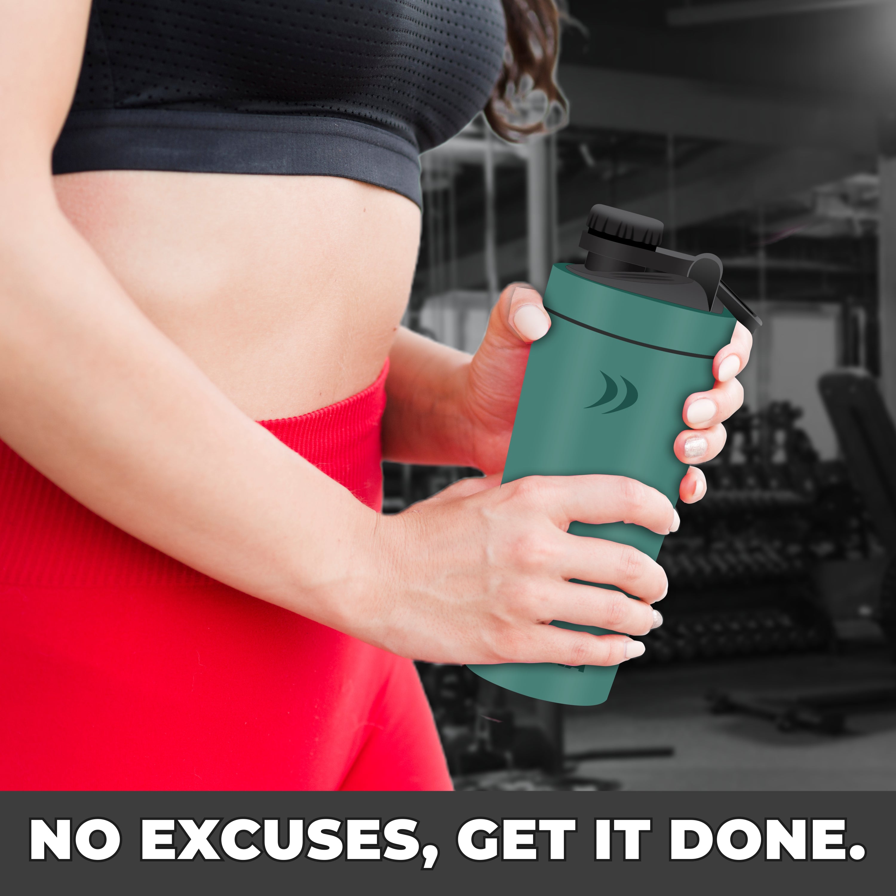 A woman confidently holds a shaker bottle labeled "No Excuses, Get It Done," embodying motivation and fitness dedication.
