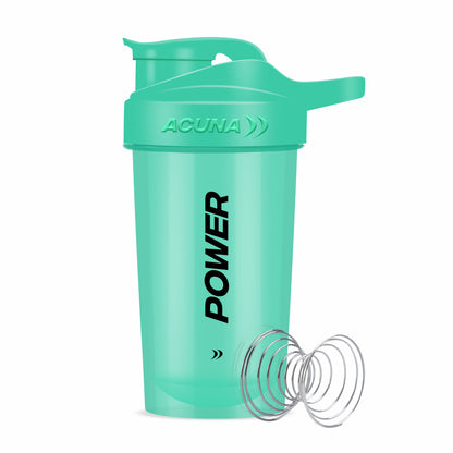 Green-lidded shaker bottle with a black handle, designed for mixing protein drinks and ensuring leak-proof use during workouts.