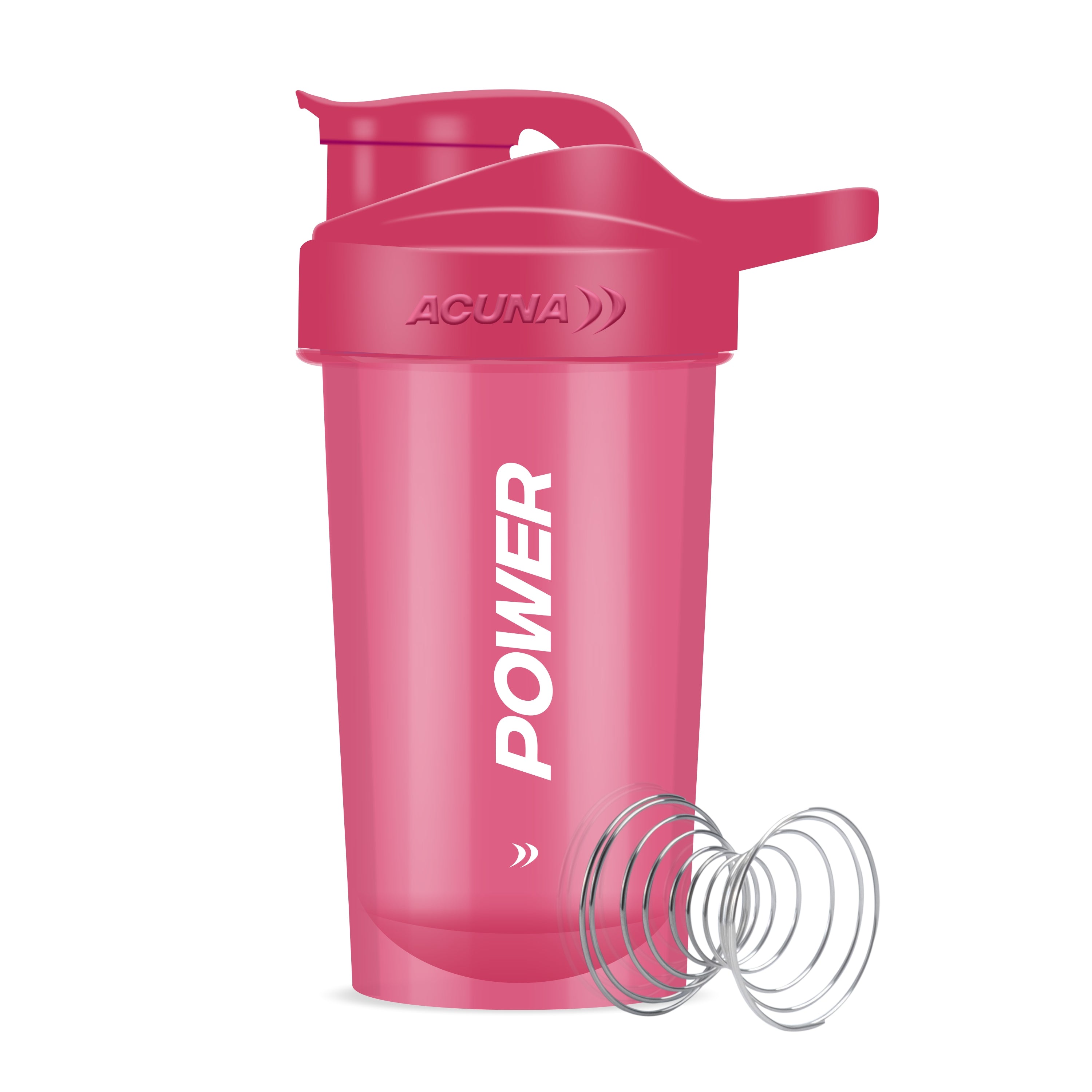 Acuna pink protein shaker bottle featuring a power logo, designed for fitness enthusiasts with a secure leak-proof lid.